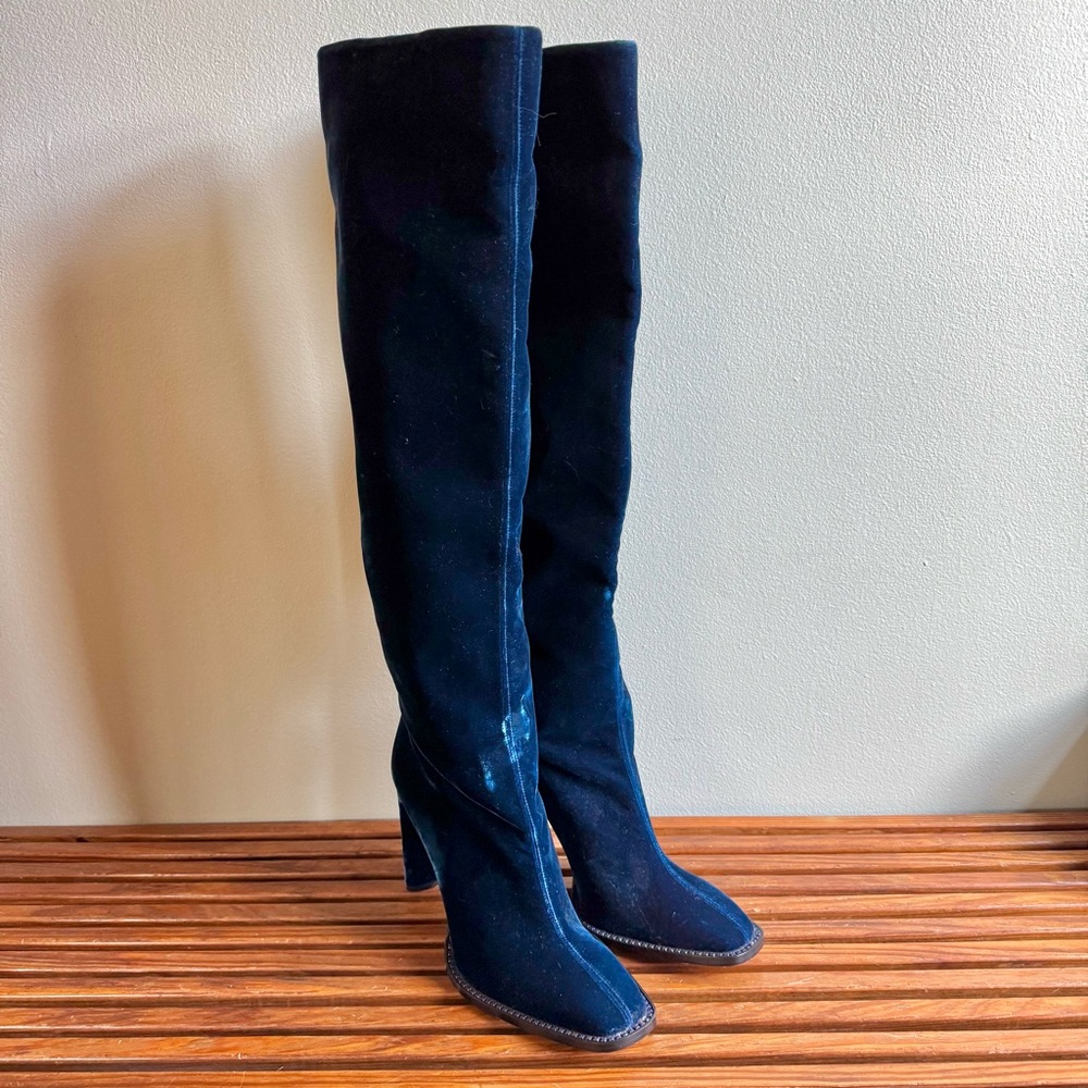 Tamara Mellon Eclipse 100 Knee High Blue Velvet Crystal High Heel Boots 39 US 8